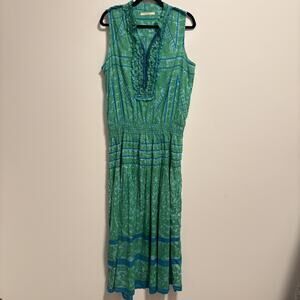 Lola Australia Dress Womens Size Large Green Sleeveless Ruffle Trim Cotton Boho